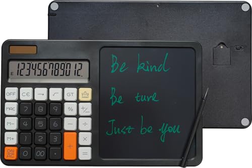 Desktop Basic Calculator with Notepad Large Buttons and Solar & Battery Dual Power, 12-Digit Display, 7.4'' Erasable LCD Writing Pad for Office & Home Use, Black - color: Black