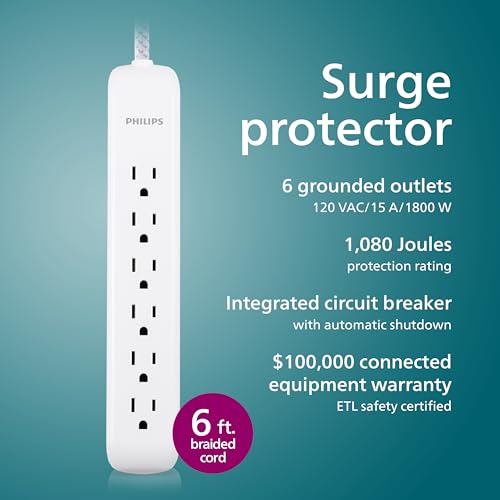 Philips 6 Ft Surge Protector Power Strip, Braided Extension Cord, Flat Plug - size: 6 Ft