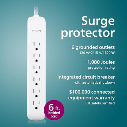 Philips 6 Ft Surge Protector Power Strip, Braided Extension Cord, Flat Plug - size: 6 Ft
