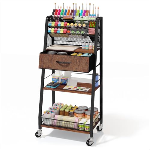 Homsorout 3 Tier Rolling Cart - Metal Utility Cart with Storage Drawer and Wheels, Versatile Art & Craft Organizer for Home, Office, or Studio - Ideal for Storing Brushes, Paints, and Supplies - color: Dark Brown