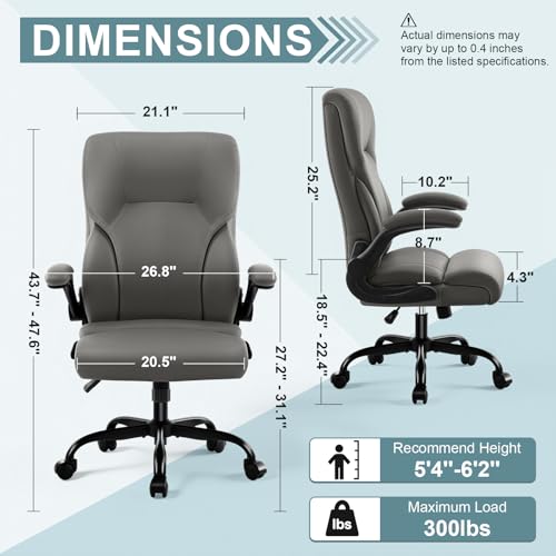 Executive Office Chair,High Back Ergonomic Comfy Desk Chair with Padded Flip-up Armrests and Wheels,PU Leather Heavy Duty Computer Swivel Rolling Task Chair for Home Office,Adults,Gray - color: Grey