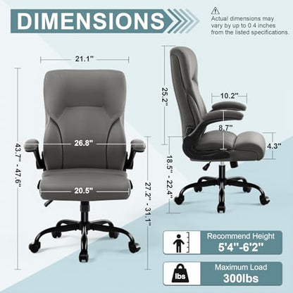 Executive Office Chair,High Back Ergonomic Comfy Desk Chair with Padded Flip-up Armrests and Wheels,PU Leather Heavy Duty Computer Swivel Rolling Task Chair for Home Office,Adults,Gray - color: Grey