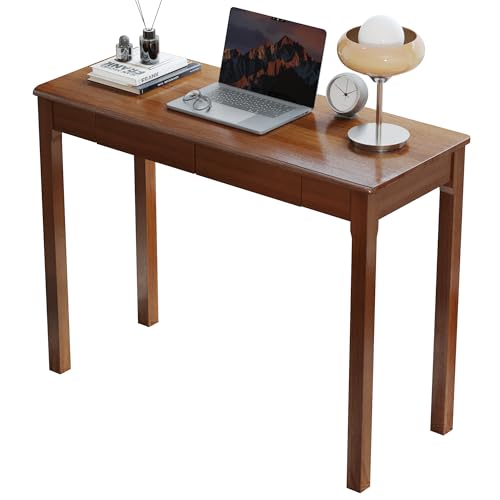 Solid Wood Desk with Drawers - 39 x 16 Inch Vintage Narrow Desks, Mid Century Modern Desks, Rubber Wood Study Table, Small Writing Desk for Bedroom|Small Spaces - Walnut Color - color: Walnut, size: 39.4 in W x 15.7 in D