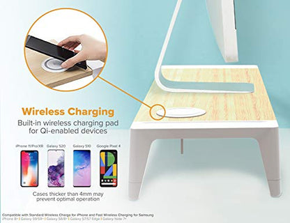 Bostitch Office Wooden Monitor Stand with Wireless Charging Pad, Drawer for Storage, Adjustable Height Riser Includes Removable Non-Skid Rubber Feet - Wood Grain and White (STND-2408WH) - style: Wood-Grain Riser