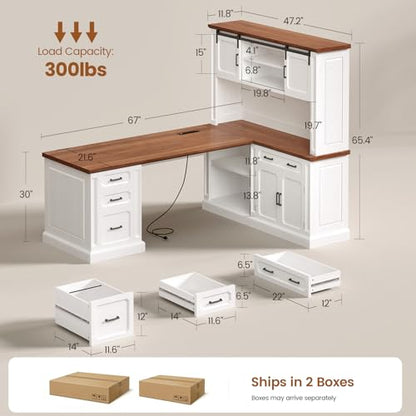 SEDETA 67" Farmhouse Executive L Shaped Desk with Hutch & Storage - color: White+brown, size: 67" L Shaped Desk with Hutch