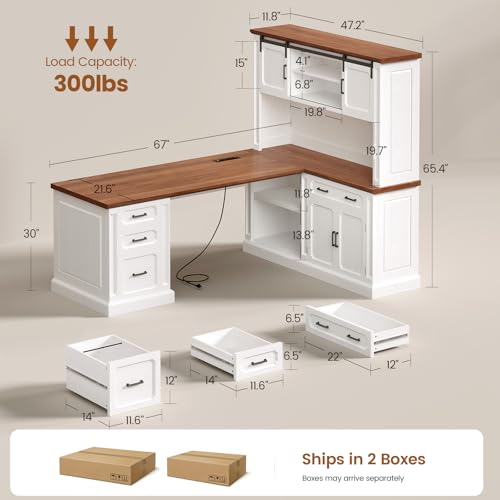 SEDETA 67" Farmhouse Executive L Shaped Desk with Hutch & Storage - color: White+brown, size: 67" L Shaped Desk with Hutch