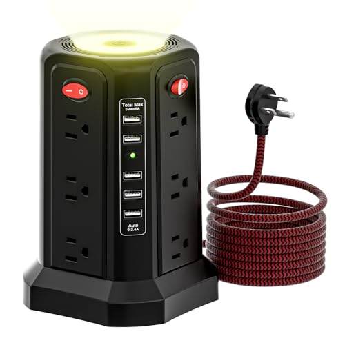 Surge Protector Power Strip with 5 USB Ports and Night Light | 10FT Braided Extension Cord with 12 AC Multiple Outlets, Power Tower Overload Protection for Home Office Dorm Room Essentials - color: Black-BZX-10ft