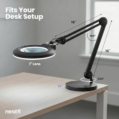 Neatfi XL LED Magnifying Lamp, Hands-Free, Dimmable, Crafts, Reading, Close Work (Black, Non-CCT with Base) - color: Black, size: 7-inch Lens, Non-CCT with Base