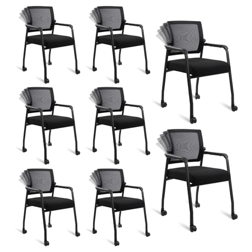 Waiting Room Chairs with Wheels, Adjustable Mesh Backrest, Desk Chair with Ergonomic Lumbar Support and Thickened Seats Cushion, 8 Pack Black - color: Adjustable Back+wheels, size: 8 Pack