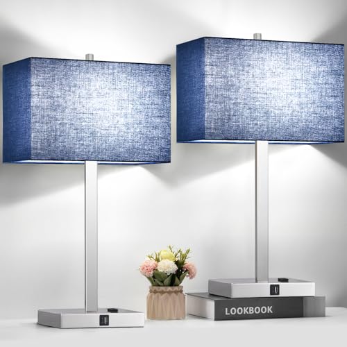 Lynnoland 21" Set of 2 Table lamp with USB A+C & AC Outlets, Touch Control 3-Way Dimmable Nightstand Lamps for Bedroom Living Room Office Reading, Blue Shade Touch Lamps, 5000K LED Bulbs Included - color: Blue Line & Brushed Nickel
