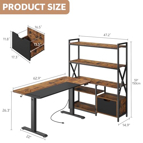 77.8 Inches L Shaped Standing Desk Corner Desk with Hutch Electric Height Adjustable Desk with Storage Shelves File Drawer Power Outlets Reversible Computer Gaming Desk for Home Office, Brown - color: Brown