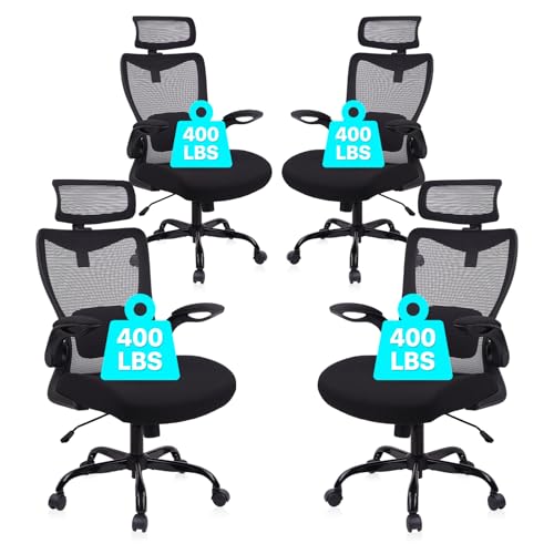 CLATINA Heavy Duty Ergonomic Mesh Office Chair 400LBS, Big and Tall Desk Chair with Adjustable Lumbar Support & Headrest, Flip Up Padded Arms, Swivel Computer Chair for Home, Conference, Black, 4 PACK - size: 4 PK