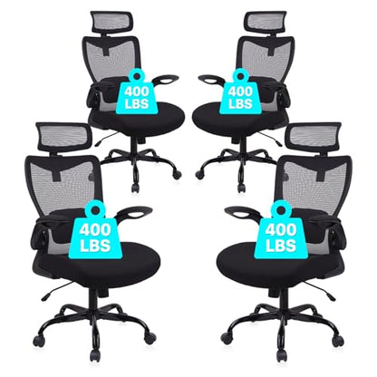 CLATINA Heavy Duty Ergonomic Mesh Office Chair 400LBS, Big and Tall Desk Chair with Adjustable Lumbar Support & Headrest, Flip Up Padded Arms, Swivel Computer Chair for Home, Conference, Black, 4 PACK - size: 4 PK