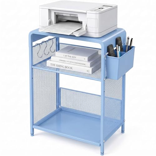 ECOLOVI Small 3 Tier Printer Stand for Under Desk, Height Adjustable Shelf Printer Table with 3 S-Hooks & Basket, Heavy Duty Industrial Storage Shelf for Home Office (Blue) - color: Blue