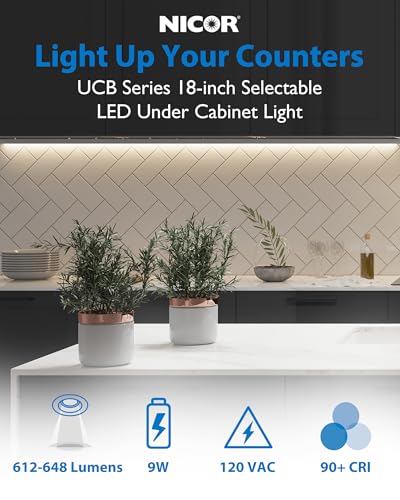 18” LED Direct Wire Under Cabinet Light with On/Off Switch - Dimmable LED Lights for Kitchen - Selectable CCT 2700K-5000K, 612-648 Lumens, 9W - UCB Hardwired Under Cabinet Lighting by NICOR Lighting - size: 18, style: Switch