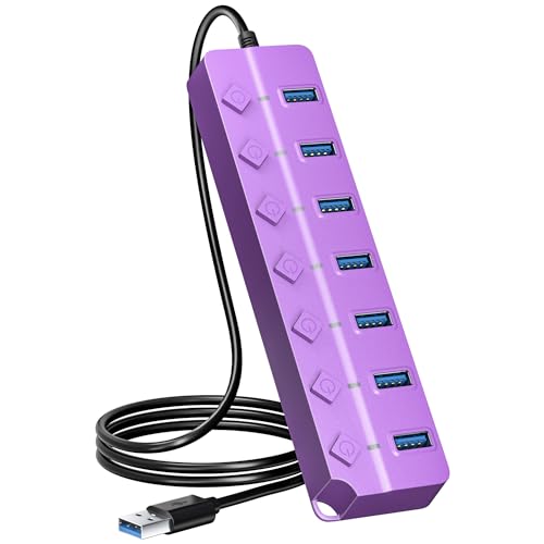 USB Hub 7 Port, USB Splitter with Individual On/Off Switches and Lights - color: Purple