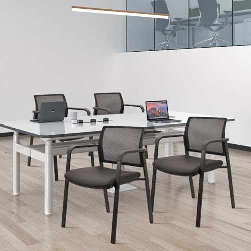 CLATINA Mesh Back Stacking Arm Chairs for Waiting Area, Side Desk Chair with Leather Seat and Ergonomic Lumbar Support for Office School Church Classroom Guest Customer Reception Black 8PK - size: 8 Pack