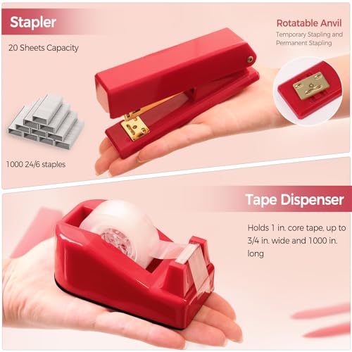 SKYDUE Red Office Supplies Set, Pencil Holder for Desk, Stapler, Tape Dispenser, Scissors,Clips and 1000pcs Staples, Office Decor for Women, Red Desk Accessories - color: Red