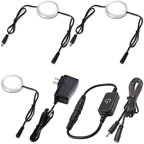 Under Cabinet LED Pucks AC120V Plug in, Touch Dimmer, 3 Lights, Daylight | Aluminum, Low Profile, Linkable Pucks, Dimmable, Easy Installation, Color Temp 6000K - color: 3 Lights,Daylight