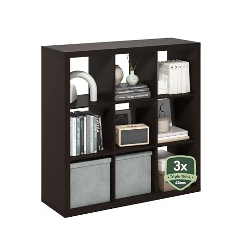 Furinno Cubicle Book Shelf, 9-Cube Bookshelf, Cube Storage, Dark Oak | 1.65" Triple Thick Frame Cube Storage Organizer Bookcase, 15.3 x 43.8 x 43.3, for Living Room, Bedroom, Home Office - color: Dark Oak, size: 9-Cube, Triple Thick