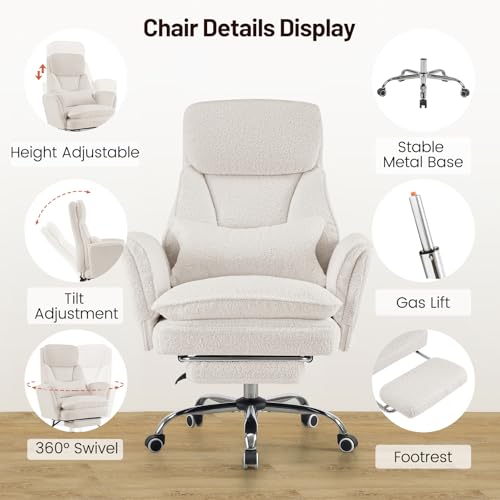 Criss Cross Office Chair with Armrests & Wheels, Big and Tall Office Chair with Footrest, Flip Armrests for Pets, Wide Seat Cross Legged Desk Chair, Ergonomic Computer Chair, Teddy, White - color: White
