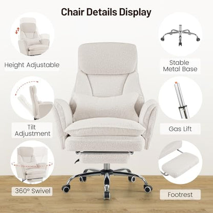 Criss Cross Office Chair with Armrests & Wheels, Big and Tall Office Chair with Footrest, Flip Armrests for Pets, Wide Seat Cross Legged Desk Chair, Ergonomic Computer Chair, Teddy, White - color: White