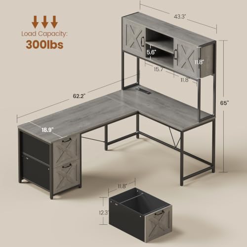 SEDETA Reversible Farmhouse L Shaped Gaming Desk with Drawers, Hutch - color: Light Gray
