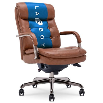 La-Z-Boy Sonata Executive Mid-Back Office Chair, Button-Tufted Seat and Back, Double-Layer Cushion, Padded Armrests, Ergonomic Computer DeskChair, Swivel Metal Base, Bonded Leather, Cognac/Graphite - color: Cognac and Graphite