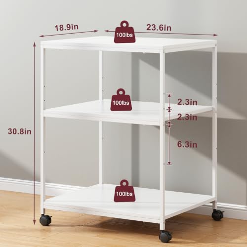 White Printer Stand, 20” Large Printer Table for Home Office, 3 Tier Rolling Printer Cart with Storage, for Shredder Scanner Fax - color: White