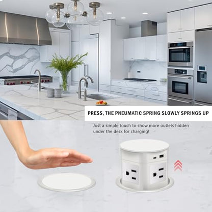 7-in-1 Pop Up Outlet with 15W Wireless Charger,3.86 inch Hole; 4 Outlets 1875W Overload Protection, USB-A,USB C Ports PD 20W,6.5FT 16AWG Cable UL Testing for Office Home-White - color: Super charging - White
