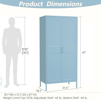 Lockable Metal Wardrobe Closet with Hanging Rod and 3 Adjustable Shelves,67" Metal Storage Cabinet with 2 Doors,Steel Armoire Wardrobe Closet for Bedroom Living Room Cloak Room (Blue) - color: Blue, style: 67"H-Wardrobe-DY