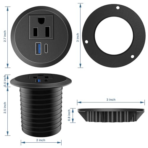 Desktop Power Grommet, 2inch Desktop Power Grommet Outlet, Recessed Power Strip Outlet with 1 USB and 1 Type-C, 20W PD Fast Charge for Desk, Kitchen, Office, Home, Hotel and More