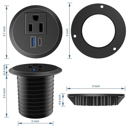 Desktop Power Grommet, 2inch Desktop Power Grommet Outlet, Recessed Power Strip Outlet with 1 USB and 1 Type-C, 20W PD Fast Charge for Desk, Kitchen, Office, Home, Hotel and More