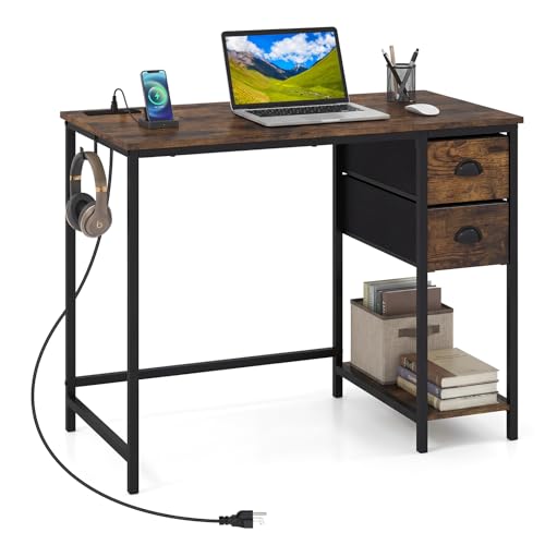 GIANTEX Computer Desk with Charging Station, 38" Home Office Desk w/ 2 Fabric Drawers, Storage Shelf & Headphone Hook, Industrial Study Work PC Table, Writing Desk for Small Spaces (Rustic Brown) - color: Rustic Brown