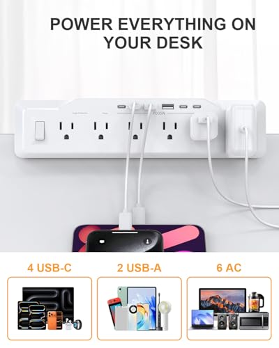 Desk Clamp Power Strip Surge Protector, 6 Outlets, Flat Plug, 1800J, 4 USB-C Ports (Any Port 35W), for Home & Office, Flame-Retardant PC-ABS Housing, Fits 1.96" Desk Edge, White - style: Desk Clamp Socket - White