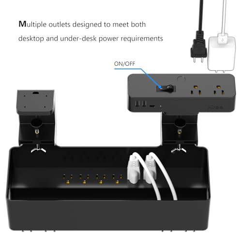 Hiree Under Desk Cable Management Tray with 8 AC Outlets, 2 USB & 1 USB-C Ports - Clamp Mount Storage Basket Organizer, No-Drill Wire Cord Management for Standing Desk Home Office（Black）