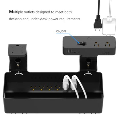 Hiree Under Desk Cable Management Tray with 8 AC Outlets, 2 USB & 1 USB-C Ports - Clamp Mount Storage Basket Organizer, No-Drill Wire Cord Management for Standing Desk Home Office（Black）
