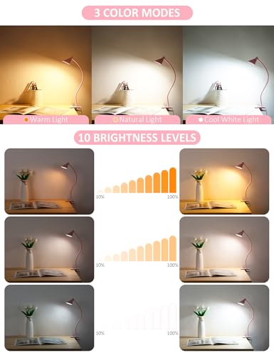 LiFMIRA Pink Small Desk Lamp Clip on LED Reading Light for Bed | 3 Color Modes 10 Dimmable Brightness, Book in Bed Headboard, Flexible Reading Lamp with Clamp BL08 - color: Pink
