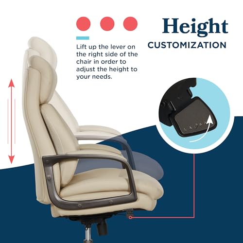 La-Z-Boy High-Back Ergonomic Office Chair, AIR Lumbar Support Leather Chair | Nova, 350lb Capacity Executive Task Chair, Padded Headrest & Arms, Layered Foam Seat Cushion, Swivel, Back Pain Relief, Cream - color: Cream