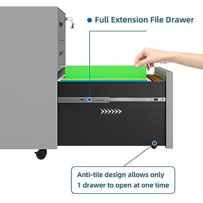 Dripex 3 Drawer Metal Rolling File Cabinet Under Desk Filing Cabinet Grey | 15"W x 18"D x 24"H, Lockable, 5 Wheels, Fully Assembled, Letter/Legal Size, Suitable for Home Office - color: Grey