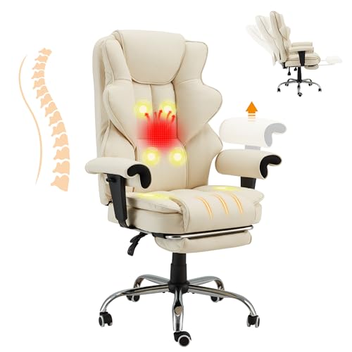 HOMREST Heated Massage Executive Office Chair with Foot Rest,Off White - color: Off White