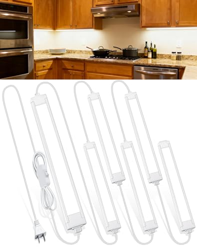 6 Pcs 14inch Plug in Under Cabinet Lighting for Kitchen, 6500k Bright White Linkable LED Under Counter Wired Lights for Shelf/Bookshelf/Workbench/Over Sink - size: 6 Pack
