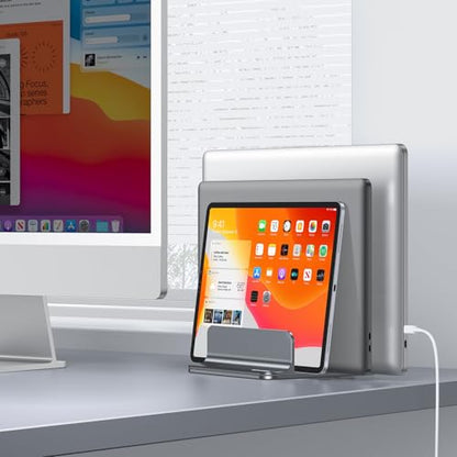 OMOTON 3-Slot Multiple Vertical Laptop Stand, Fits All MacBook, Grey | Adjustable Width 0-1.38", Aluminum Office Space-Saving for Desk, Fits MacBook/Book/iPad Up to 17.3in - color: Three Slots-Grey