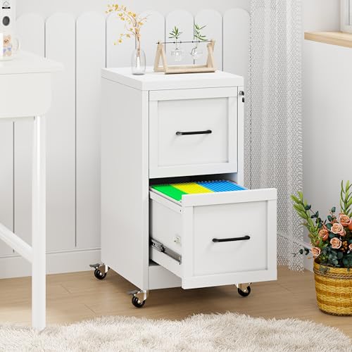 pozdeg 2 Drawer Mobile Vertical Metal File Cabinet with Lock, White | Narrow Vertical Steel Storage Organizer, Fits Letter/A4/Legal Documents, Secure Lock Design for Office & Home Storage ﻿ - color: White, size: 17.72"D x 14.96"W x 31.5"H