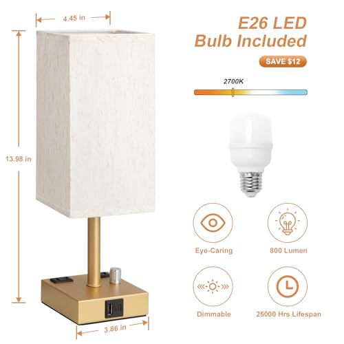 Gold Bedside Table Lamps Set of 2 - Dimmable, USB C+A, 2 AC Outlets | Stepless Dimmable by Rotary Knob, 3000K LED Bulbs Included, Square Cream Linen Shade, Nightstand Lamp for Living Room, Desk - color: Gold