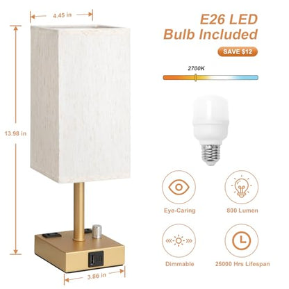 Gold Bedside Table Lamps Set of 2 - Dimmable, USB C+A, 2 AC Outlets | Stepless Dimmable by Rotary Knob, 3000K LED Bulbs Included, Square Cream Linen Shade, Nightstand Lamp for Living Room, Desk - color: Gold