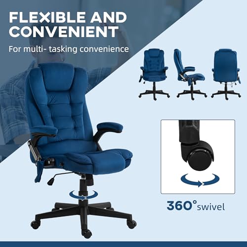 HOMCOM Executive Office Chair 6 Points Vibration Massage Velvet Drak Blue | Heated Lumbar Support, High Back Computer Chair, Reclining Backrest, Tilt Function, Padded Armrests - color: Drak Blue