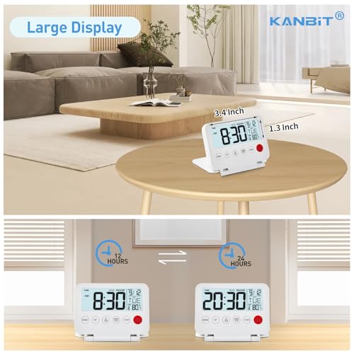 KANBIT Small Digital Travel Alarm Clock, Large LCD Display Front Button with Date & Temperature, Snooze and 8 Seconds Backlight AAA Battery Operated Desk Clock for Home & Office, White - color: White