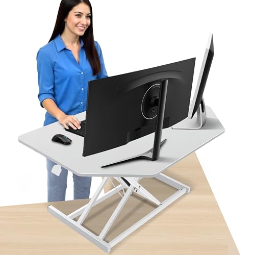 Aconcept 36 inch White Corner Height Adjustable Standing Desk Converter, One-Click Sit to Stand up Desk Riser, Pre-Assembled for Dual Monitor and Laptop Workstation - color: White, size: 36"