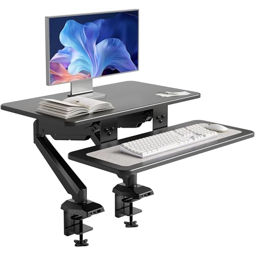 Claiks 24-Inch Sit-Stand Workstation，Innovative Space-Saving Height-Adjustable Ergonomic Desk Converter with Wide Keyboard Tray，Dual Fixation and Flexible Rotation Function, Black - color: Black, size: 24 inch